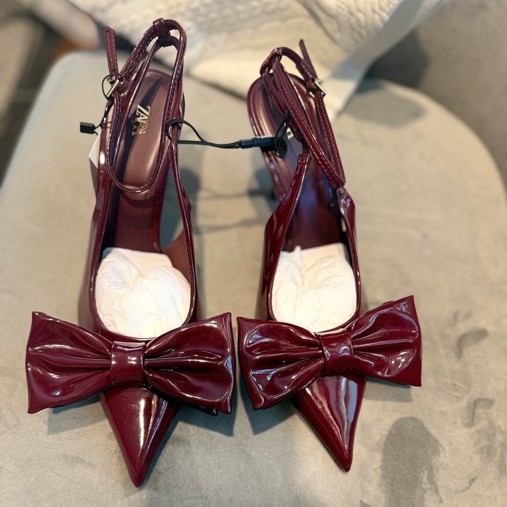 Zara Burgundy Patent Bow Pointed Toe Slingback Heels